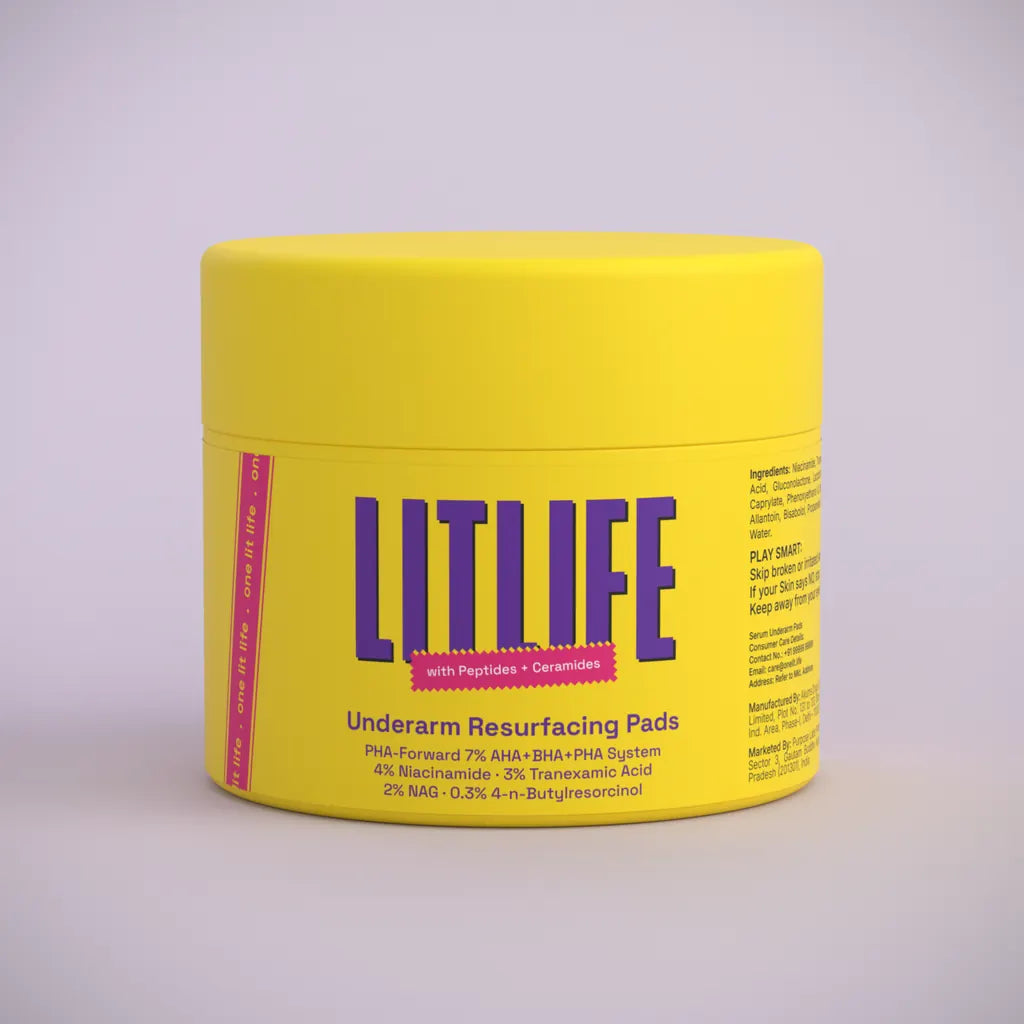 The LITLIFE Underarm Resurfacing Pads jar, yellow with a purple wordmark and a seated lid.